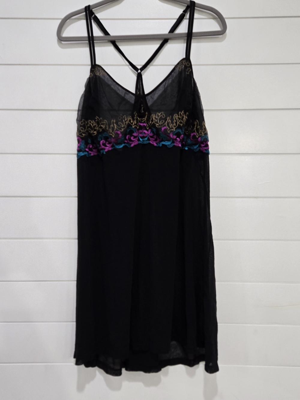 Cacique Black Mesh Chemise Babydoll with Purple Teal Floral Embroidery Sz 26/28